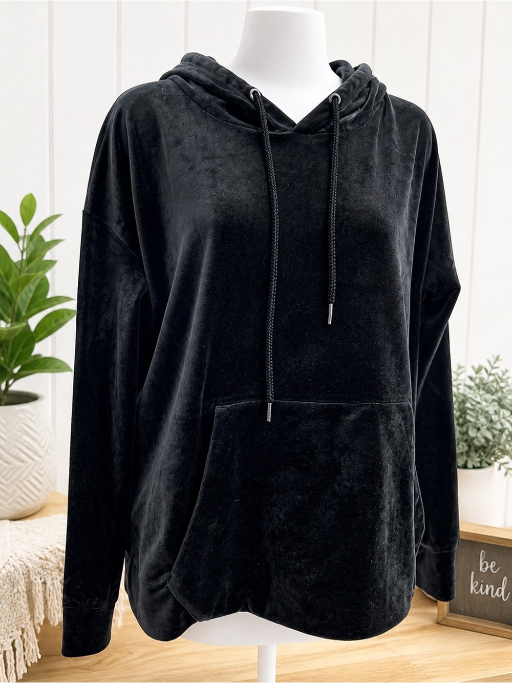Black Green Tea Comfy Velour pullover Top Hoodie withh drawstrings